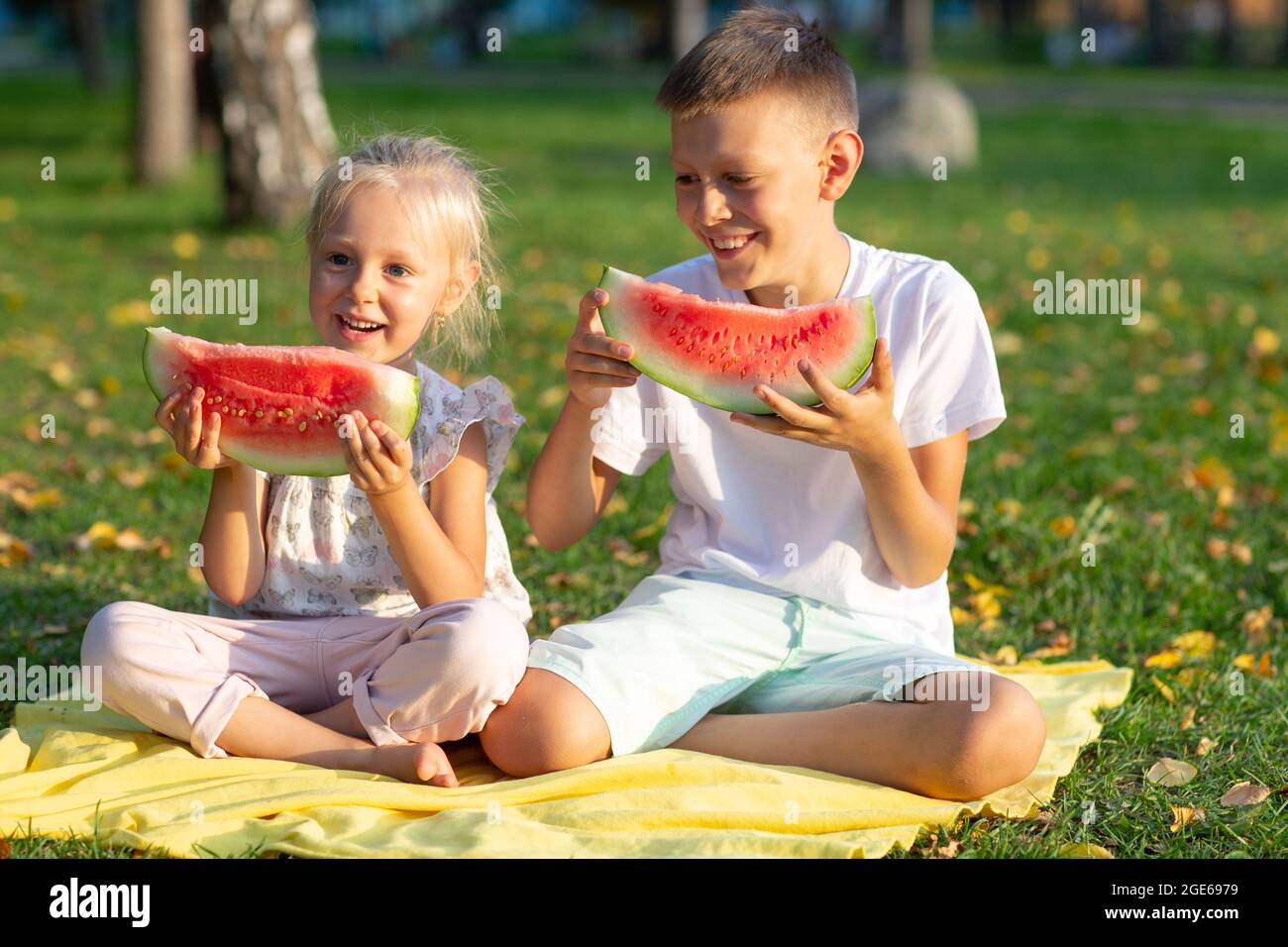 To cute kids lttle boy and girl eating juicy watermelon in the autumn park meadow. Stock Photo