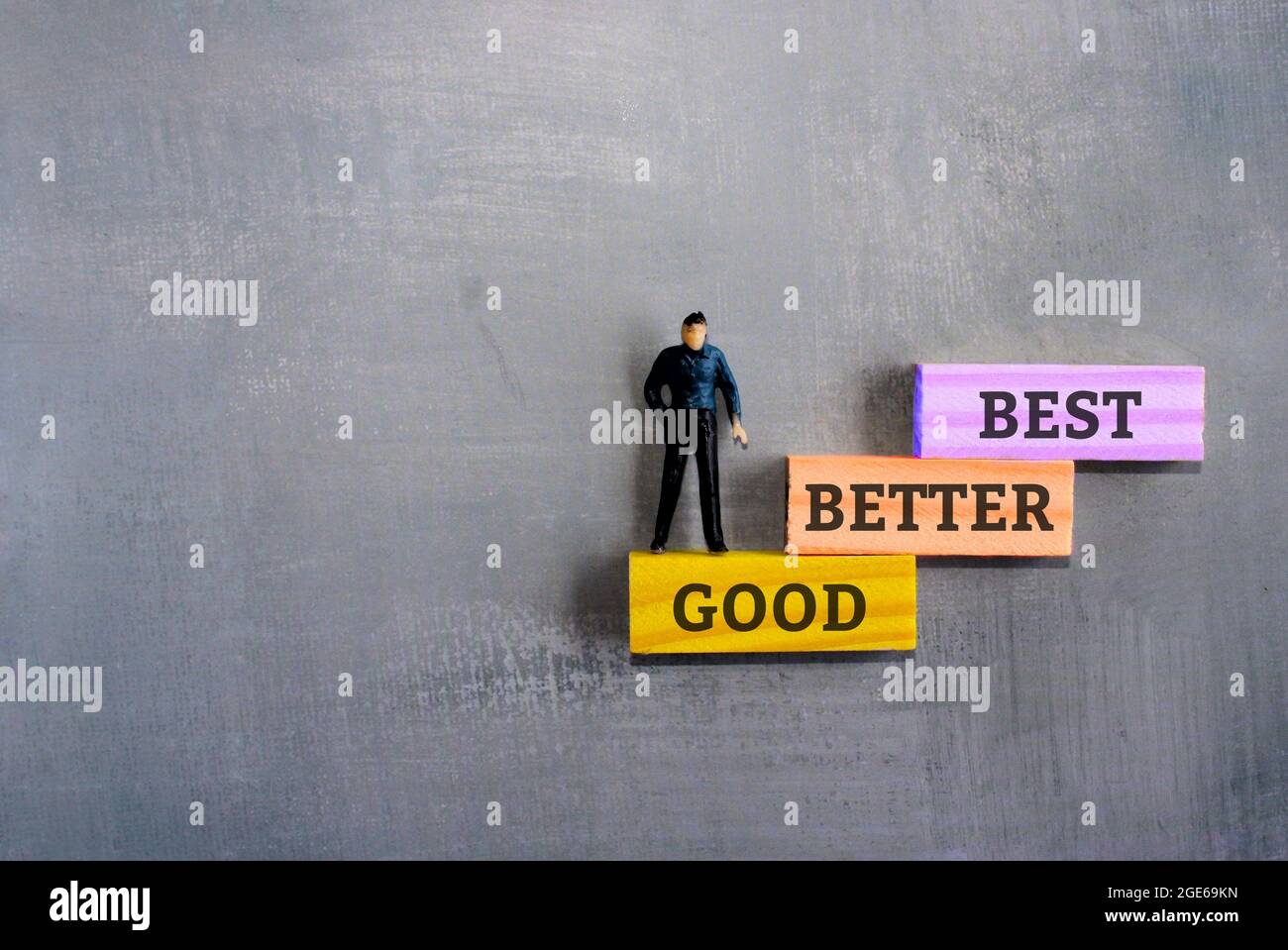 Good - Better - Best. Concept of growth. Miniature man standing on ...