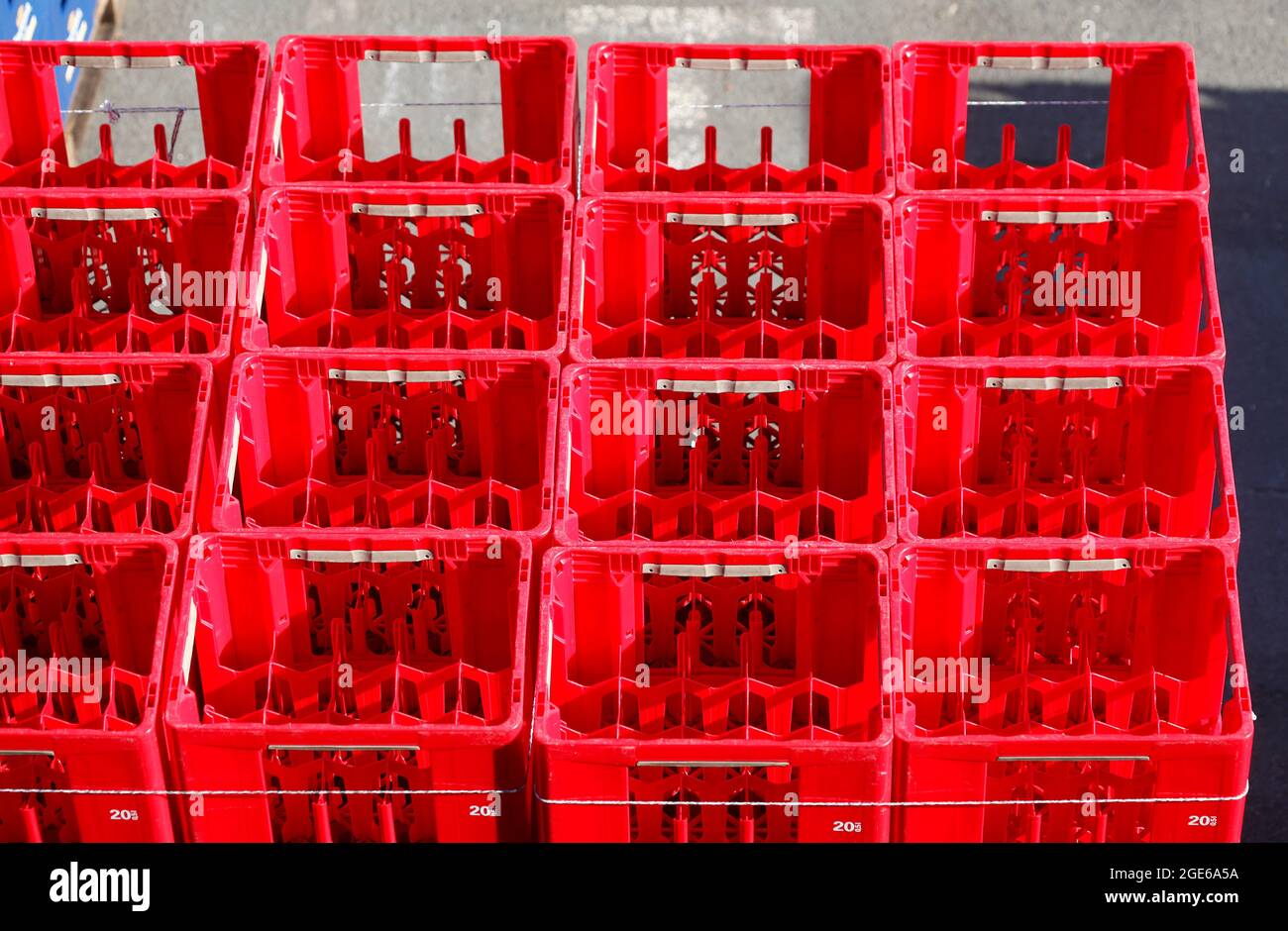 Empty, red Haake-Beck beer crates, Brauerei Beck GmbH & Co. KG, Bremen, Germany Stock Photo