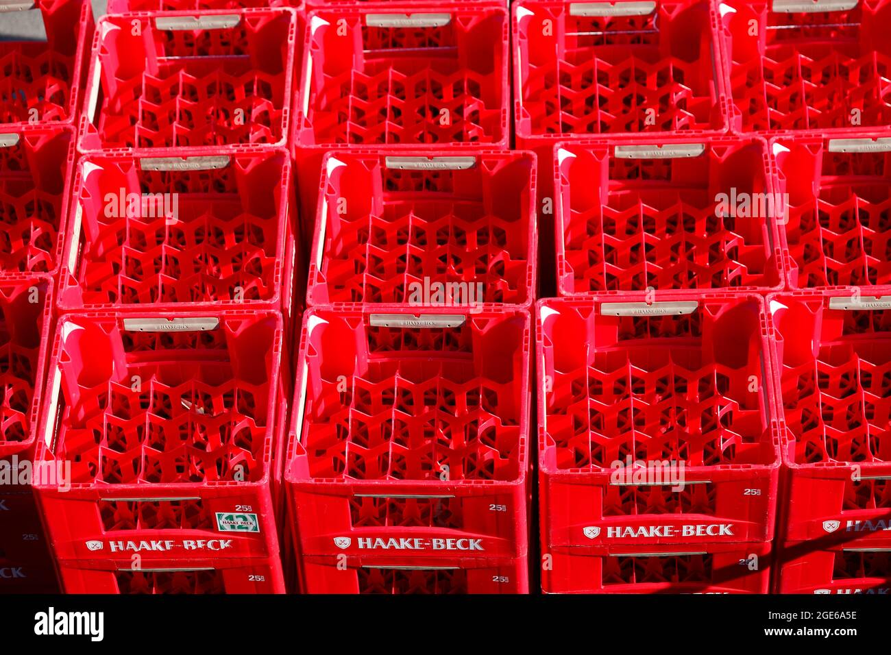 Empty, red Haake-Beck beer crates, Brauerei Beck GmbH & Co. KG, Bremen, Germany Stock Photo