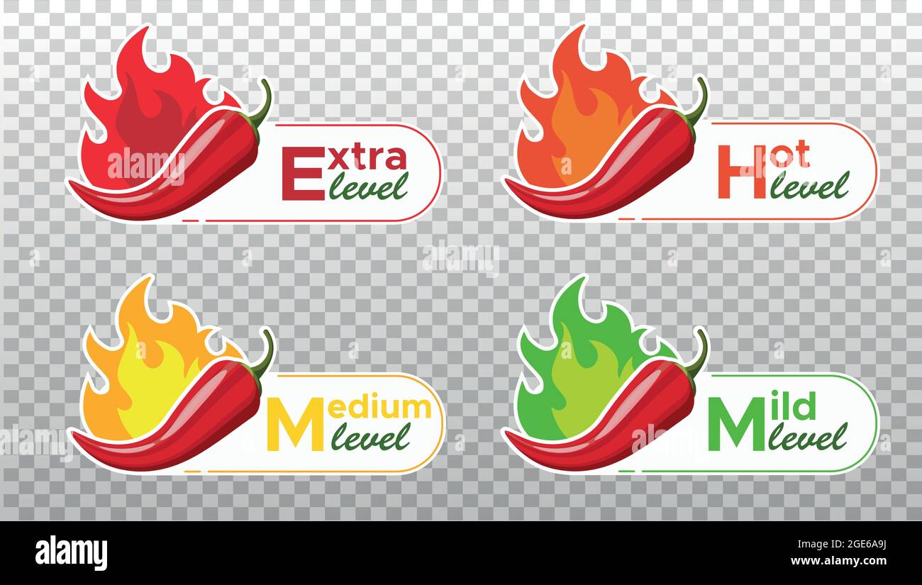 Icons with Chili Pepper Spice Levels. Hot pepper sign with fire flame