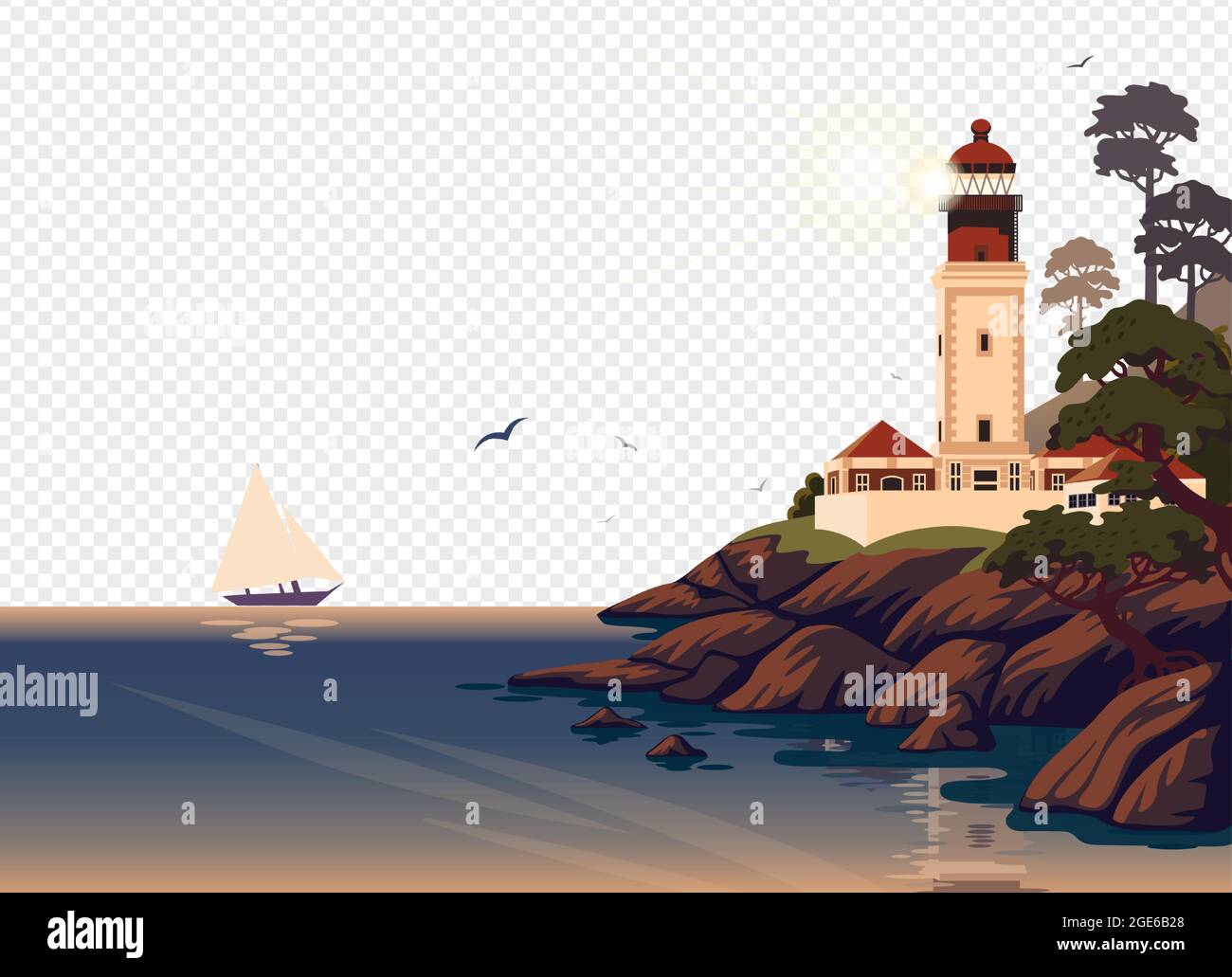 Lighthouse vector landscape. Beautiful sea landscape with a beacon on ...