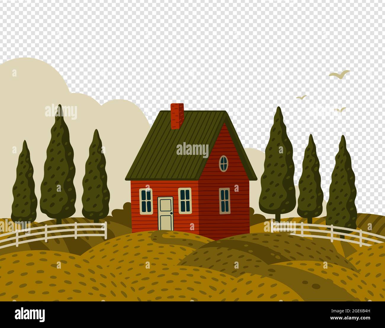 Village landscape. Rural landscape with Red farm house in rustic style ...