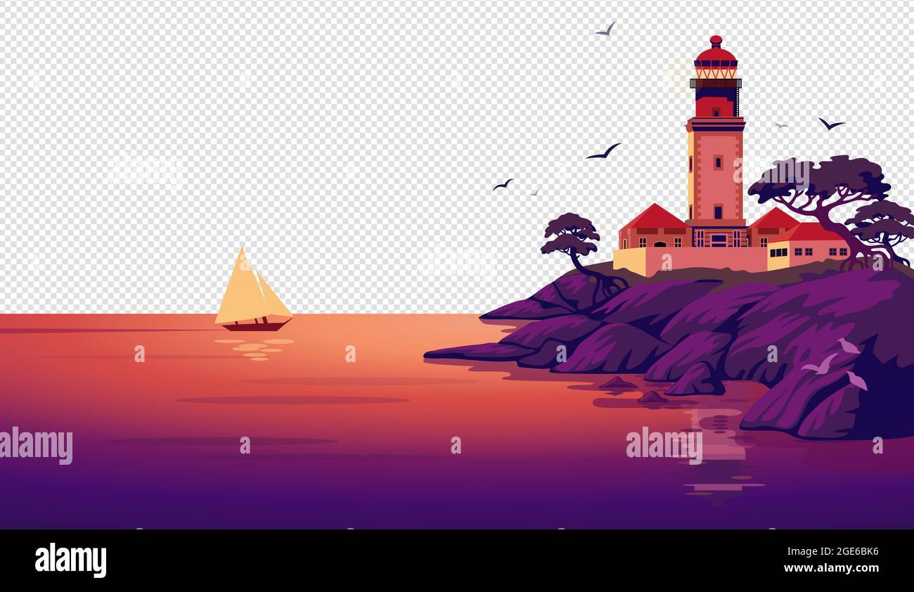Lighthouse vector landscape. Beautiful sea landscape with a beacon on ...
