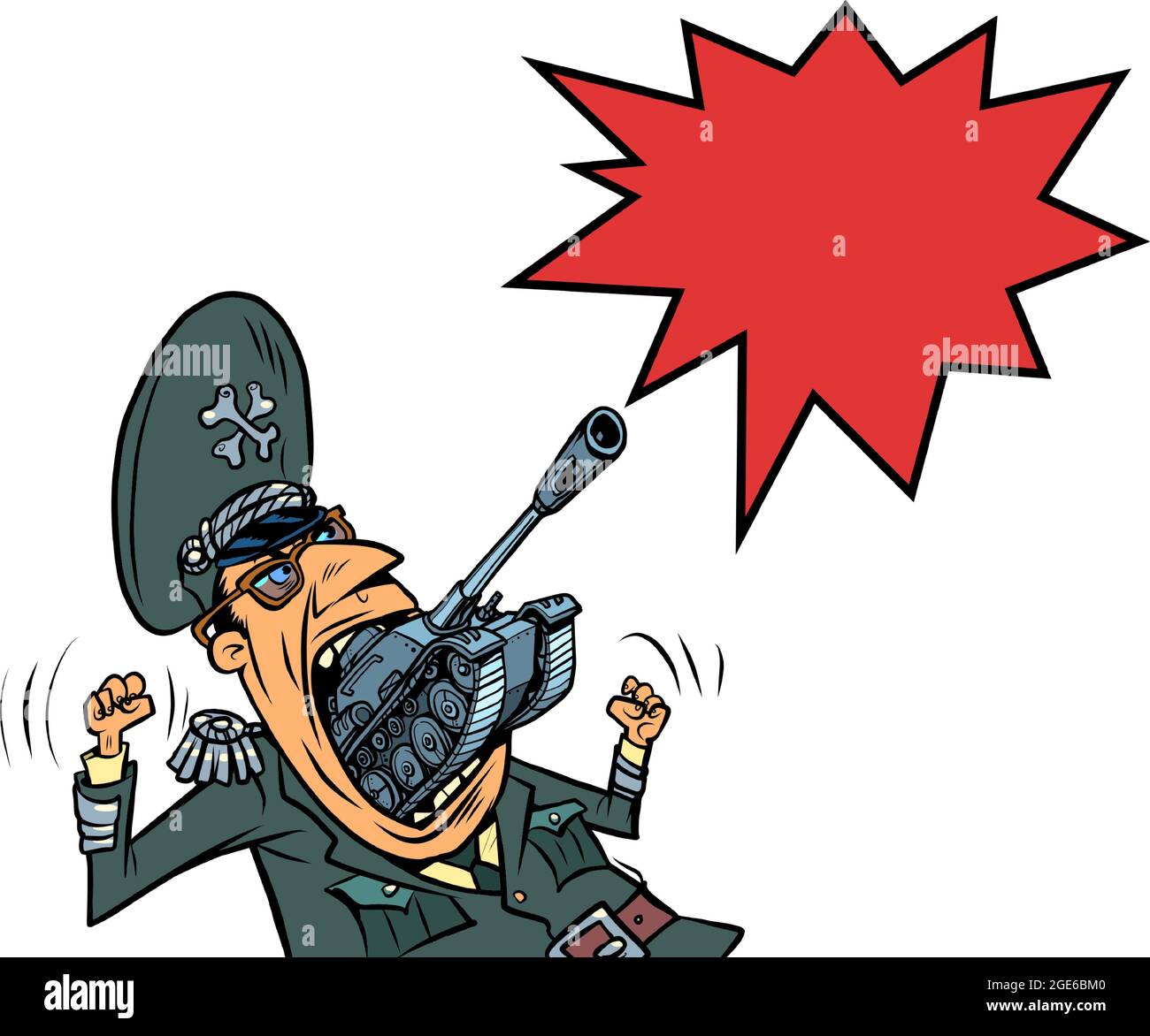 The tank comes out of the mouth of a military general. Militarism and the threat to peace Stock Vector