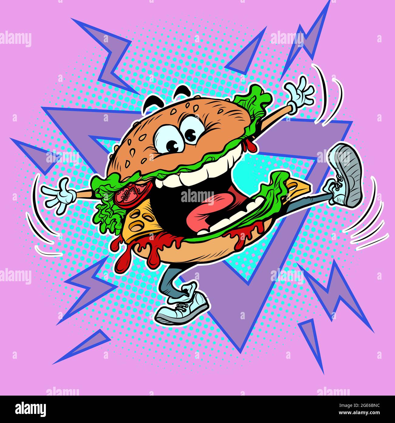Funny burger character. Joyful fast food. Restaurant and street food Stock Vector