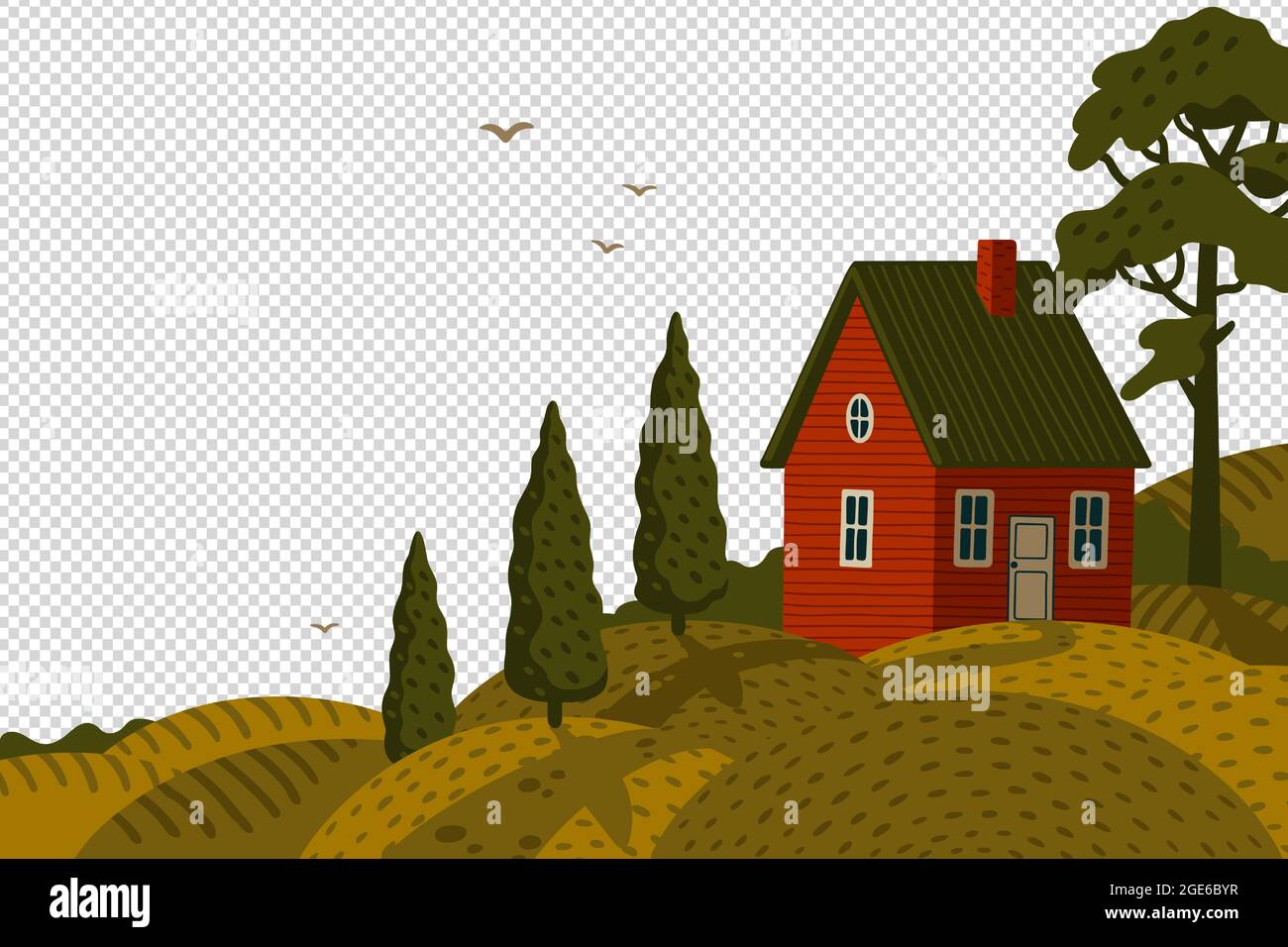 Red farm house. Rural landscape with Barn house in rustic style on green field with cypresses Stock Vector