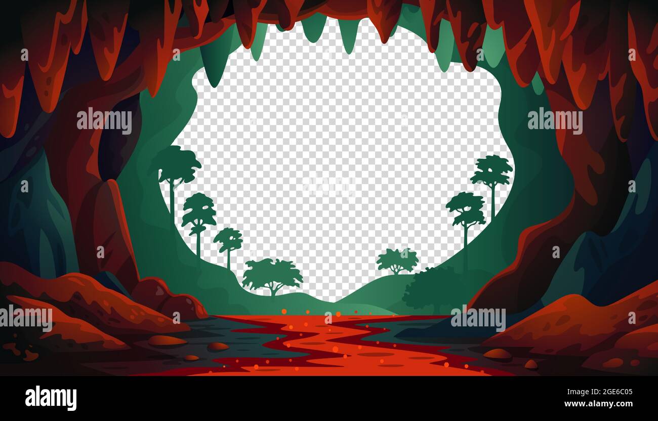 Jungle vector landscape. Cave landscape with an underground red river