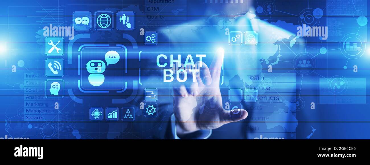 Chatbot computer program designed for conversation with human users over the Internet. Support and customer service automation technology concept. Stock Photo