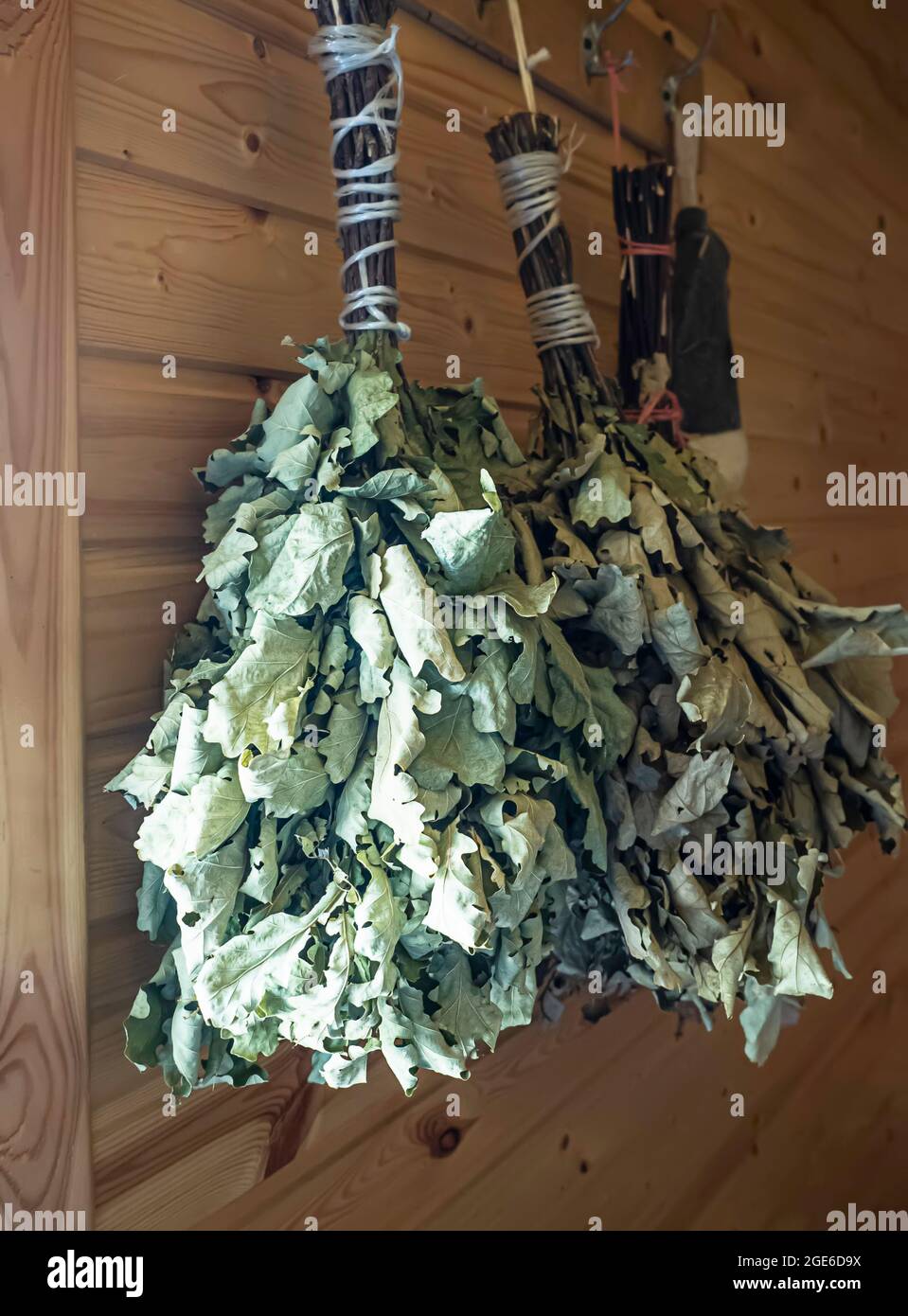 Homemade broom from dry oak branches for a Russian bath. Traditional