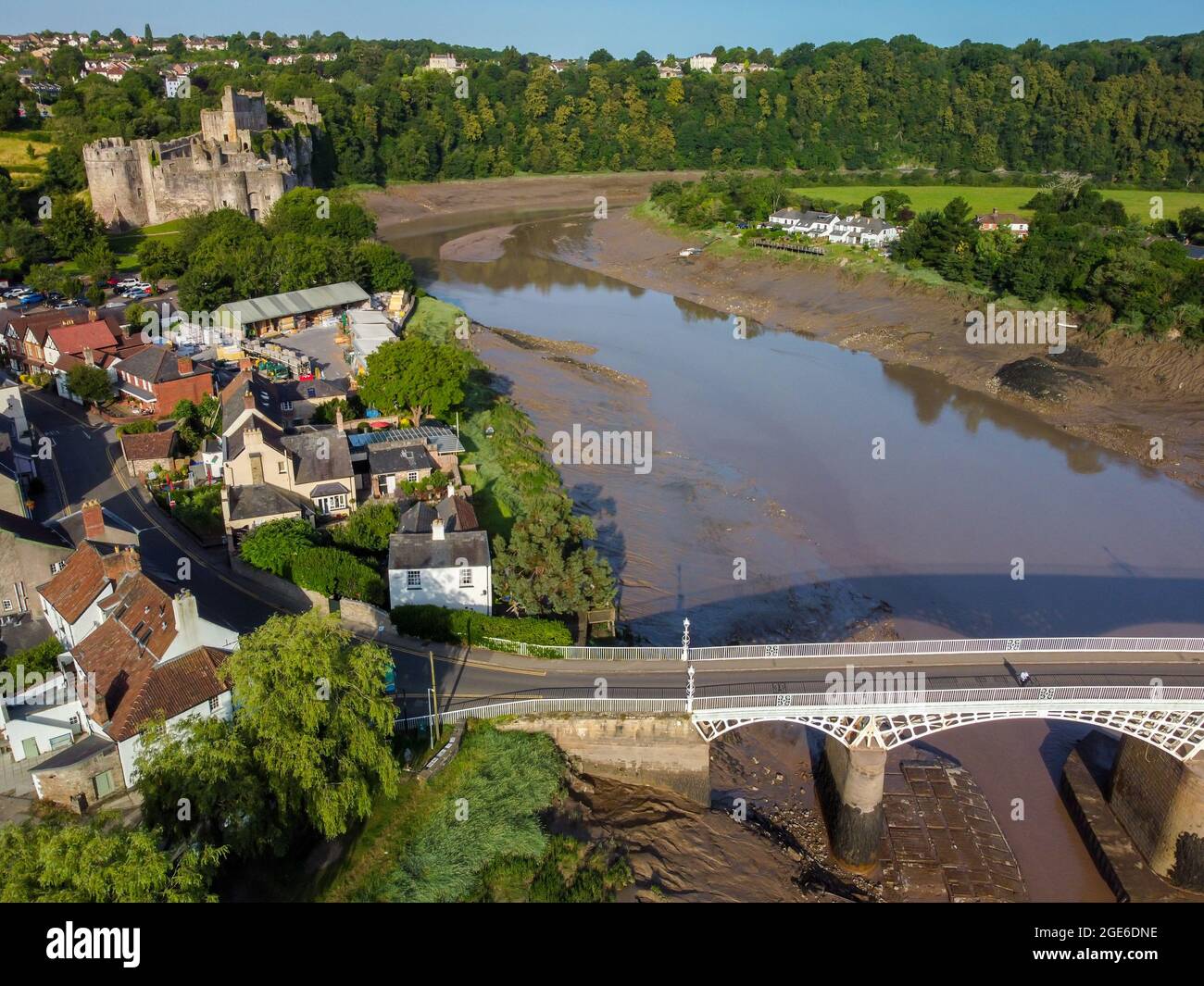 Chepstow's Norman castle and bridge across the border and river Wye to England, Chepstow, Wales Stock Photo