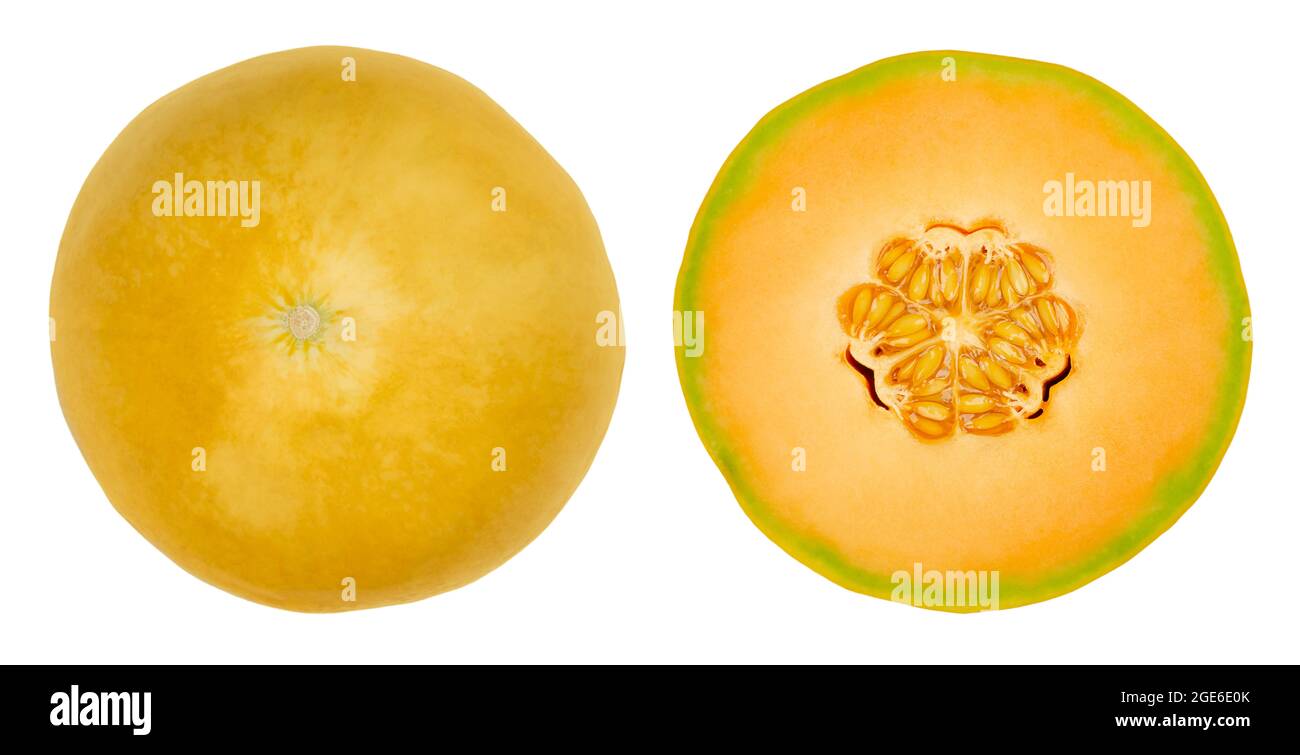 Honey Cantaloupe melon halves, isolated from above. Fresh and ripe fruit of a hybrid melon of the species Cucumis melo, a sweet, aromatic melon. Stock Photo