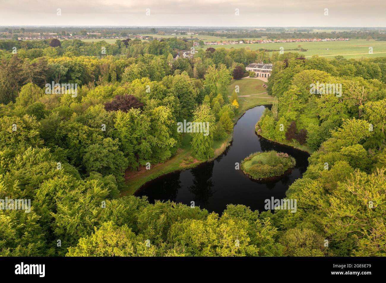 The Netherlands, Õs-Graveland, Rural estate Schaep en Burgh. Country house with lawn. Former Headquarters of Natuurmonumenten. Aerial. Stock Photo