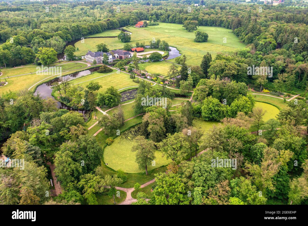 The Netherlands, Denekamp, Rural estate Singraven at Dinkel river. Aerial. Stock Photo