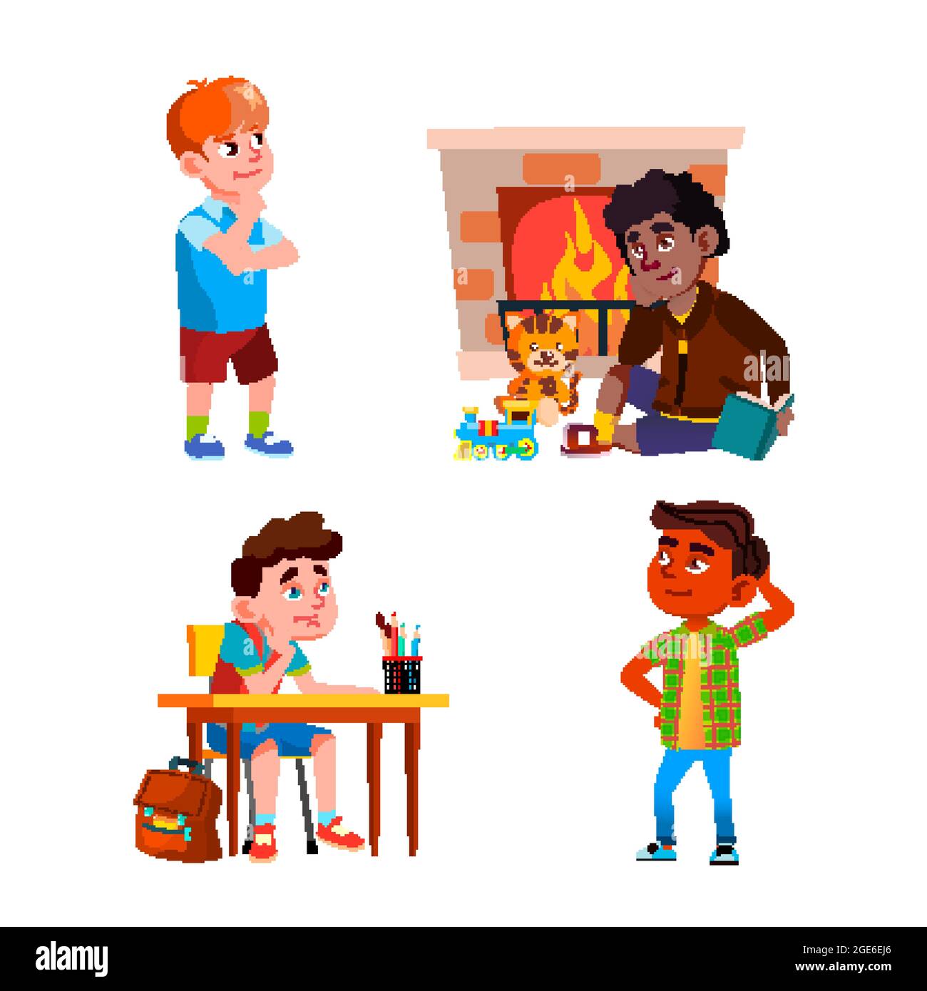 Thinking Or Dreaming Boys Children Set Vector Stock Vector