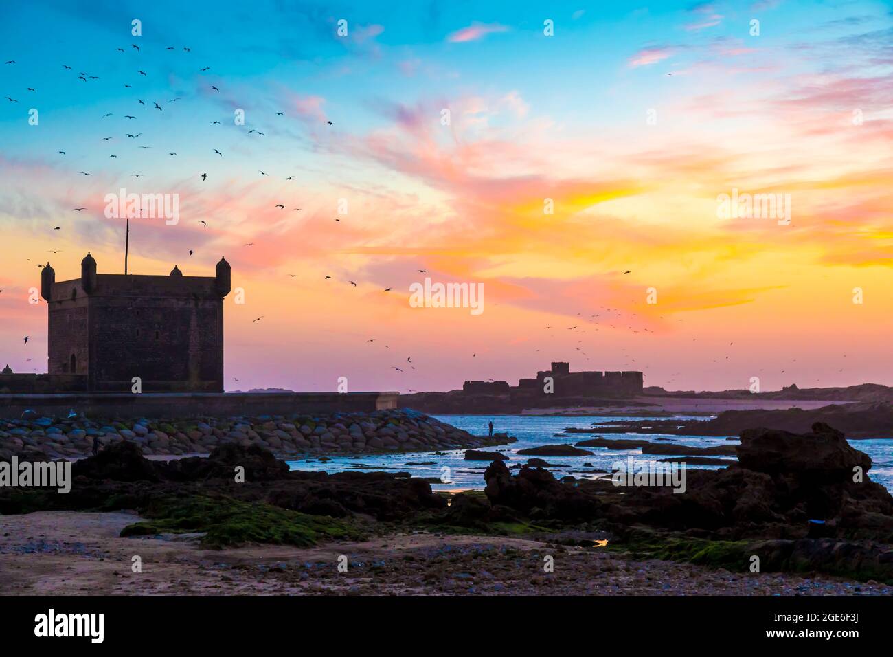 Morocco, Essaouira: sunset over the “Sqala de la Kasbah”, one of the fortifications of the city walls on the Atlantic coast, North Africa Stock Photo