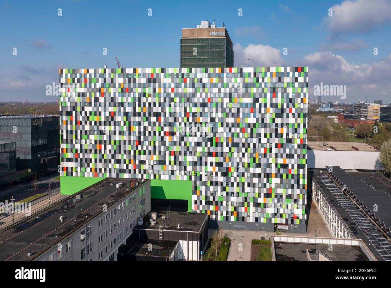 The Netherlands, Utrecht, University of Utrecht. Colourful apartment building called Casa Confetti. Student housing. Aerial. Stock Photo