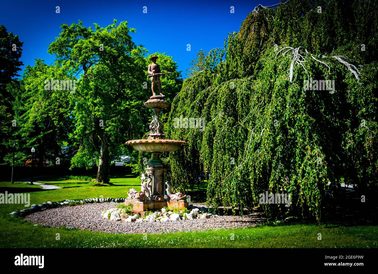 Soldiers’ Memorial Fountain Erected in 1903 to commemorate the service of Canadian soldiers in the South African war and Weeping European Beech Stock Photo