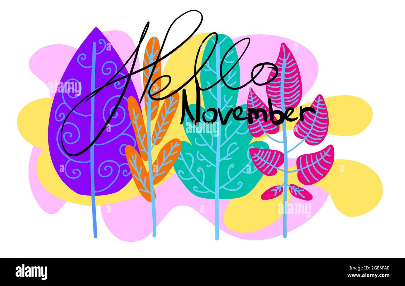 November month leaves, plants and trees isolated on white background