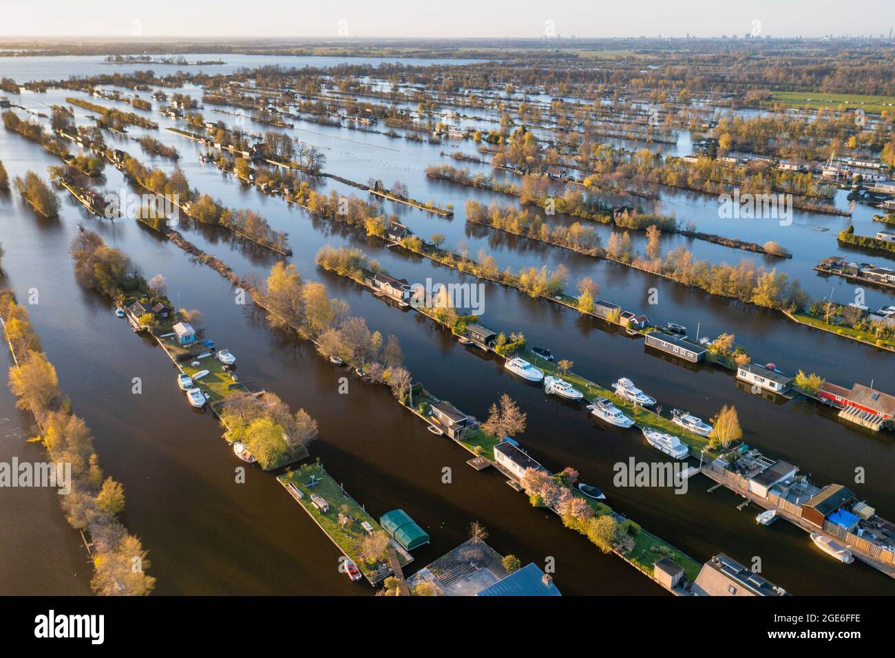 The Netherlands, Breukelen, Marsh land, dugged out for peat. Now serving aquatic sports. On the remaining small islands are housing holiday homes. Aer Stock Photo