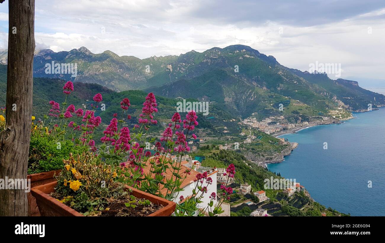 Beautiful landscape as seen from the terrace above the sea from Villa Rufolo, Ravello, Amalfi Coast, Campania, Italy Stock Photo