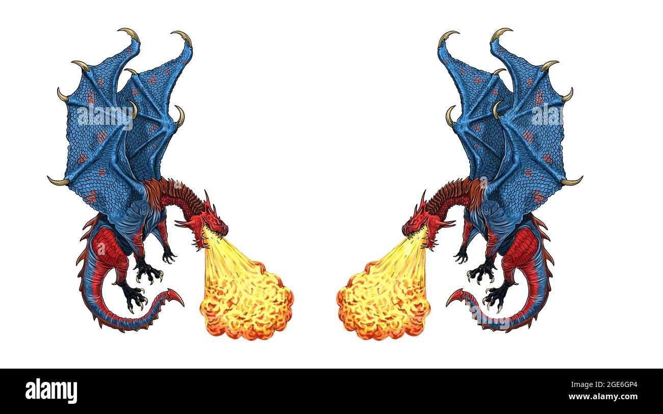 Fire breathing dragon. Digital fantasy illustration. Stock Photo