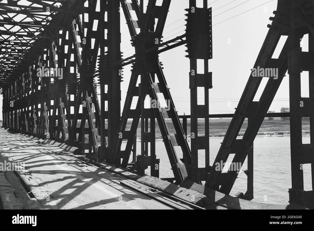 The metal bridge. Black and white photo. Old bridge Stock Photo