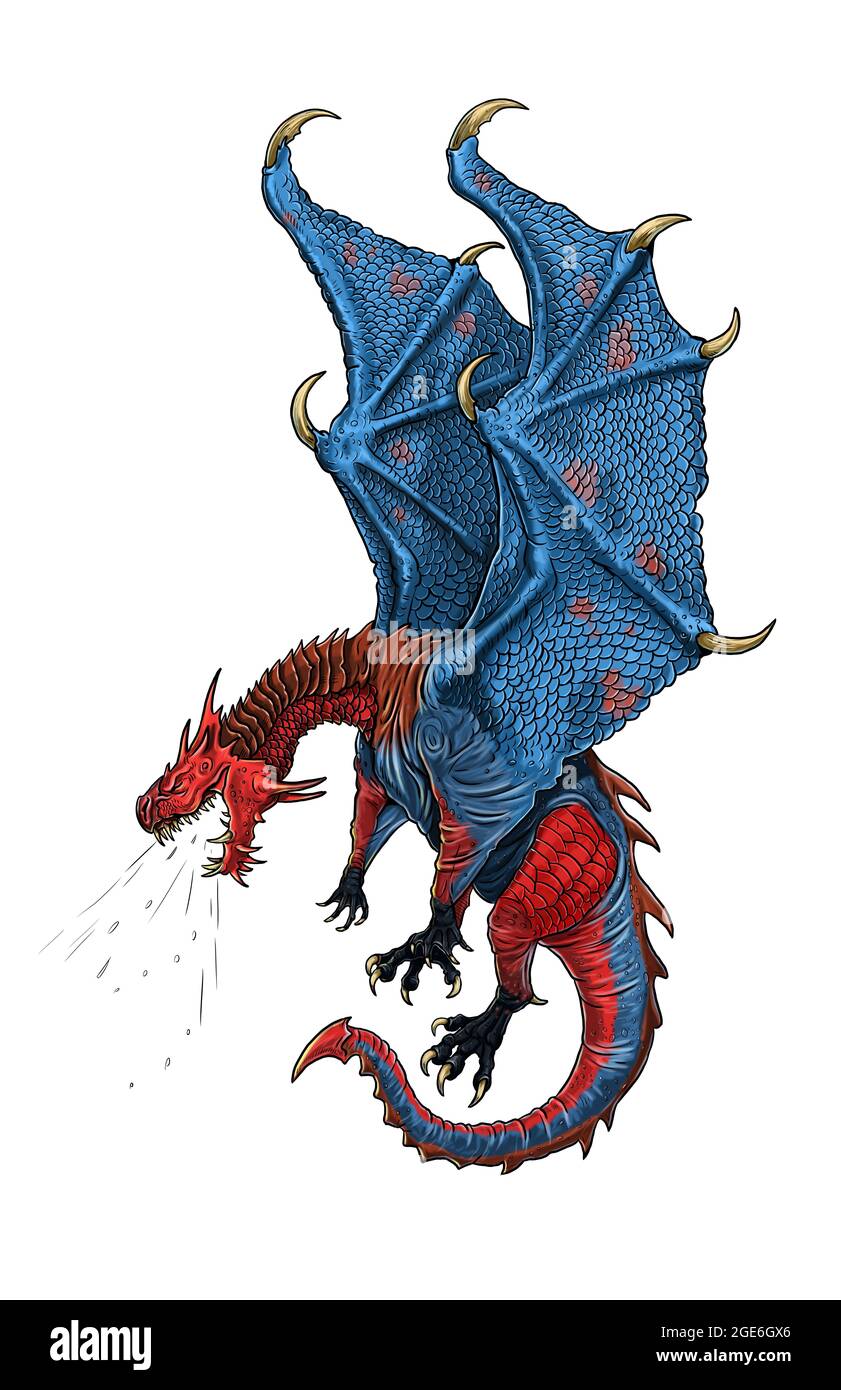 Fire breathing dragon. Digital fantasy illustration. Stock Photo