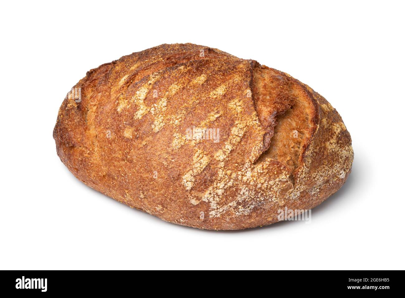 Single whole fresh baked German dinkel wheat bread isolated on white background Stock Photo