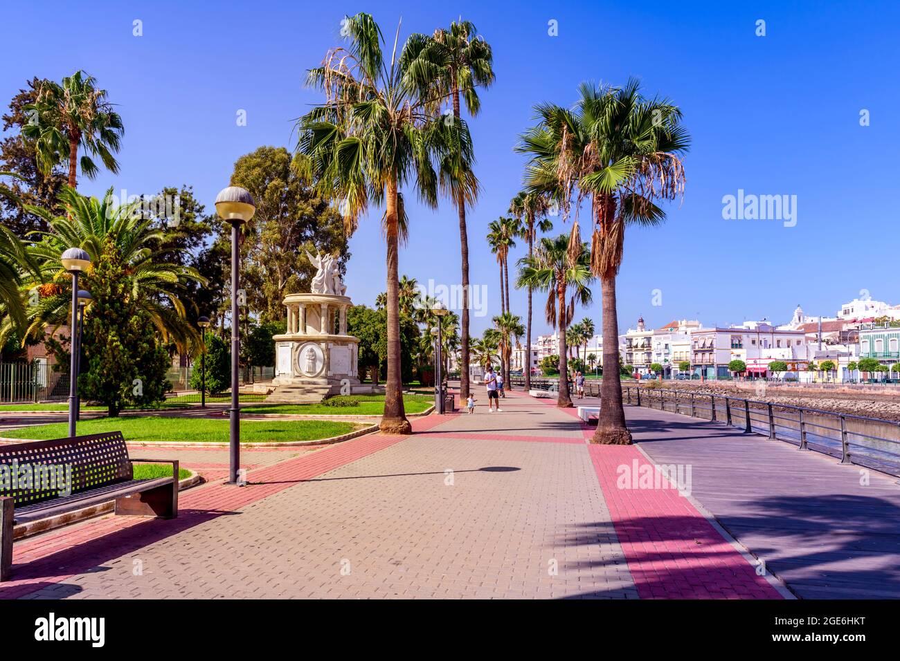 Ayamonte river side riverside walk in Navarro park municipal gardens. The monument to our lady of sorrows on the left. Ayamonte Huelva Spain Stock Photo