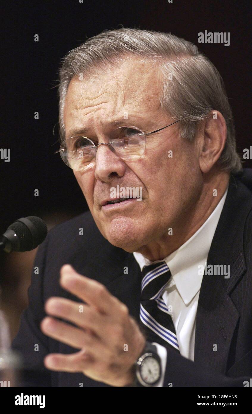 WASHINGTON DC, USA - 24 September 2003 - US Secretary of Defense, Donald H Rumsfeld testifies before the US Senate Appropriations Committee on Capitol Stock Photo