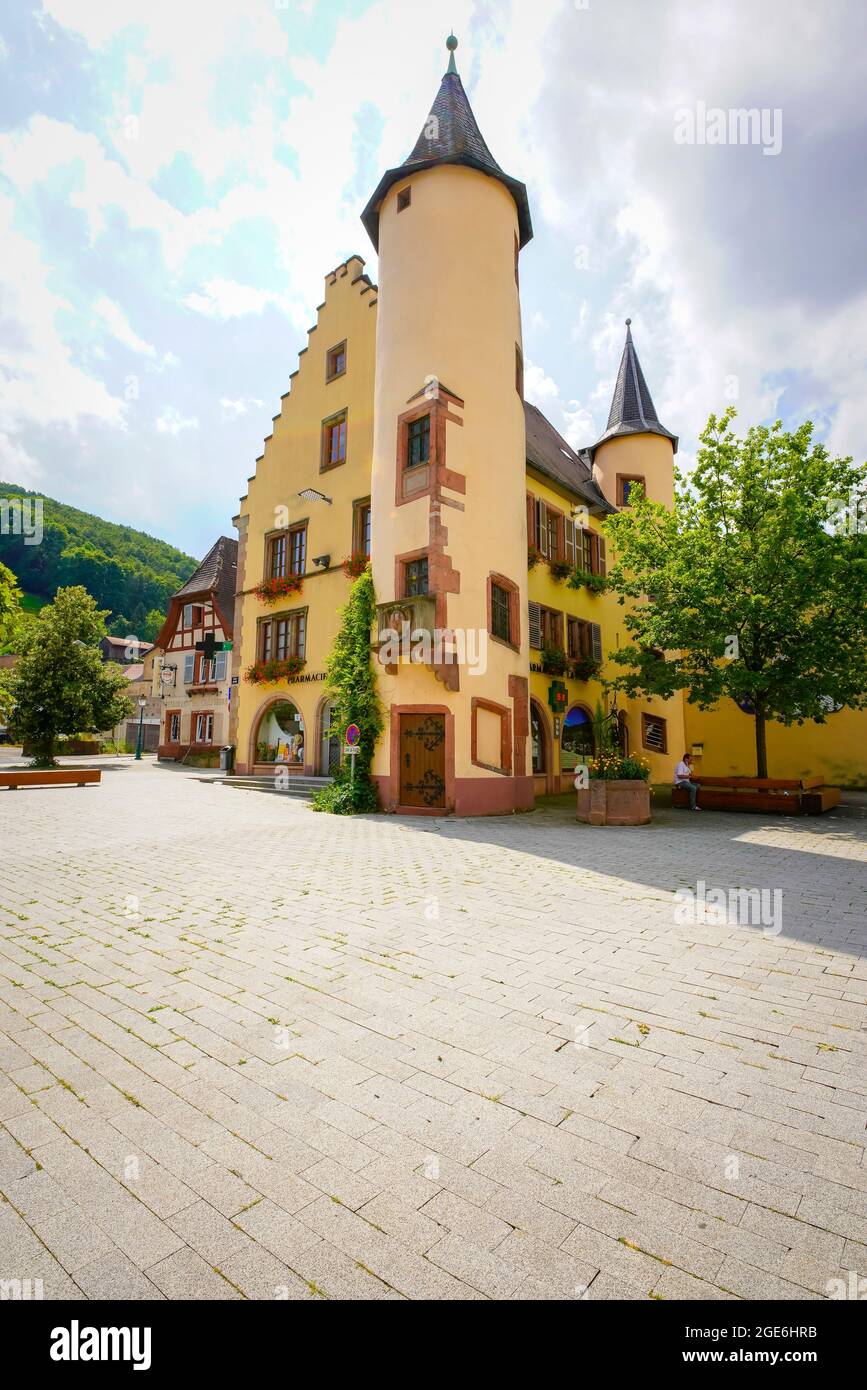 The Pharmacie de la Tour, a 16th century Renaissance building, on Place Keuffer in Sainte-Marie-aux-Mines, in the Ballons des Vosges Regional Nature P Stock Photo