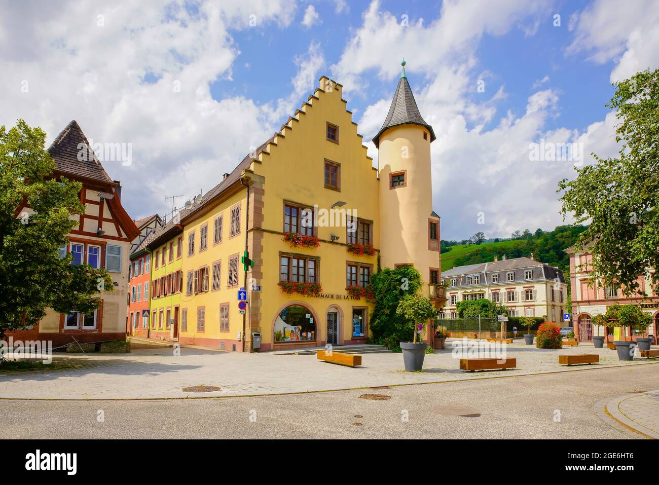 The Pharmacie de la Tour, a 16th century Renaissance building, on Place Keuffer in Sainte-Marie-aux-Mines, in the Ballons des Vosges Regional Nature P Stock Photo