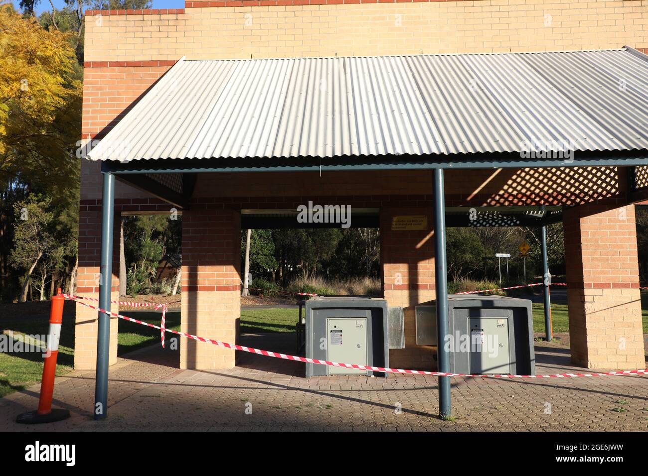 Sydney, Australia. 17th August 2021. A BBQ area in Sydney Olympic Park is cordoned off. Credit: Richard Milnes/Alamy Live News Stock Photo