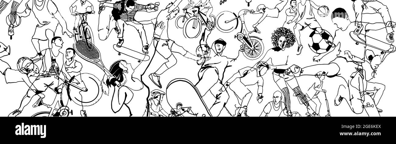 Rollerblading. Biker. Ride a bike. Helmet. Badminton. Tennis. Football. Play volleyball Kick the ball Sport shoes Sneakers Stock Photo