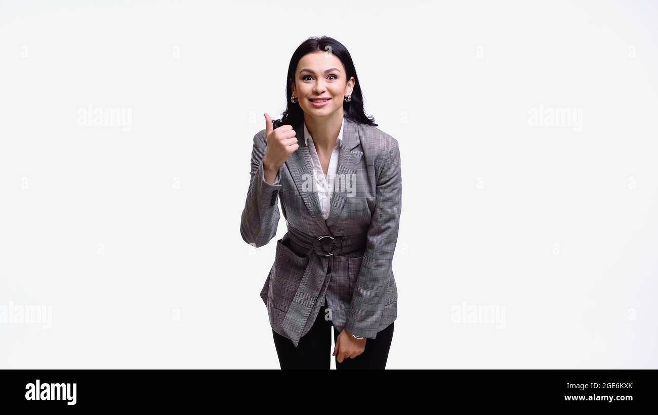 Excited manager showing thumb up isolated on white Stock Photo