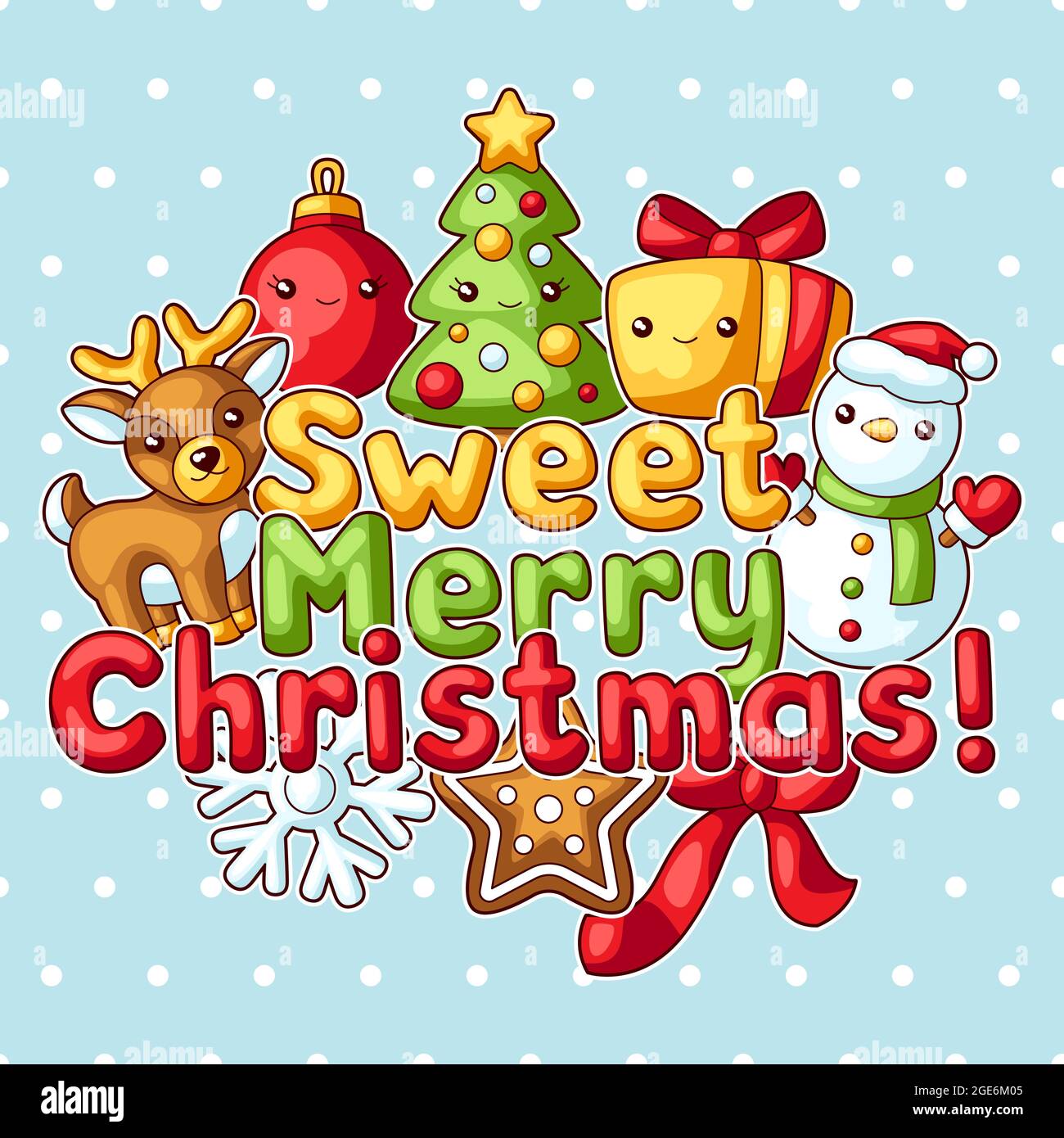 Sweet Merry Christmas greeting card. Cute characters and symbols. Holiday  background in cartoon style Stock Vector Image & Art - Alamy