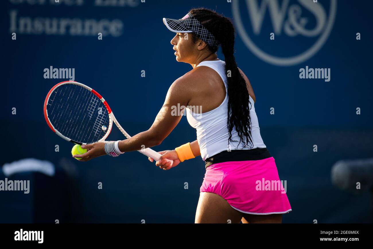 Heather Watson of Great Britain in action during the first round of the  2021 Western & Southern Open WTA 1000 tennis tournament against Aliaksandra  Sasnovich of Belarus on August 16, 2021 at