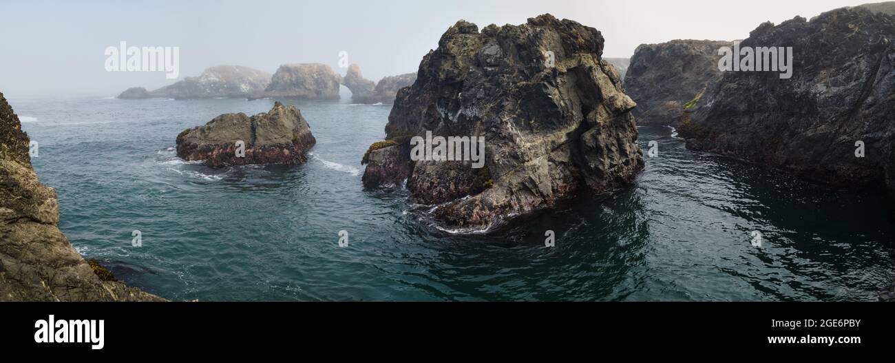 Sea stacks are common along the scenic and extremely rugged coast of Mendocino, California. This region is found along the Pacific Coast Highway. Stock Photo