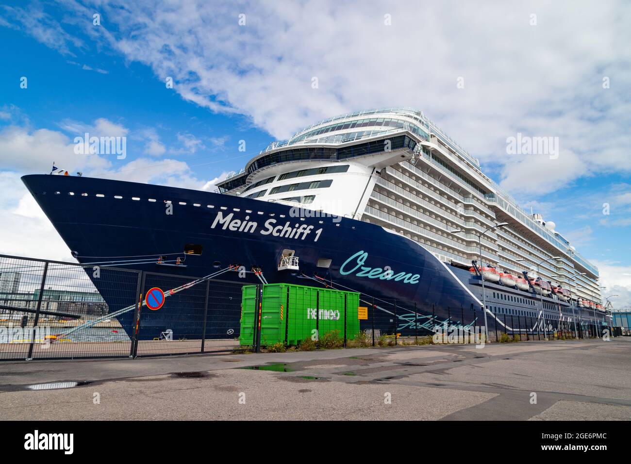 TUI Cruises-operated cruise ship Mein Schiff 1 alongside in Helsinki on August 15, 2021. She is the second cruise ship in Helsinki during 2021 season. Stock Photo
