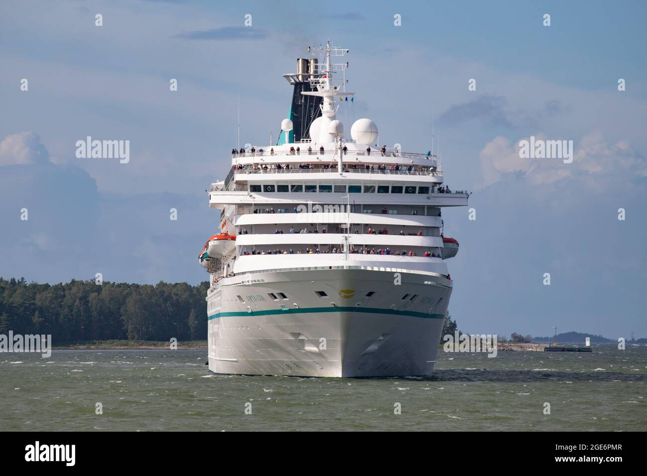 Phoenix Reisen-operated cruise ship Artania arriving Helsinki West Harbour as a third cruise ship of the season on 15 August 2021. Stock Photo