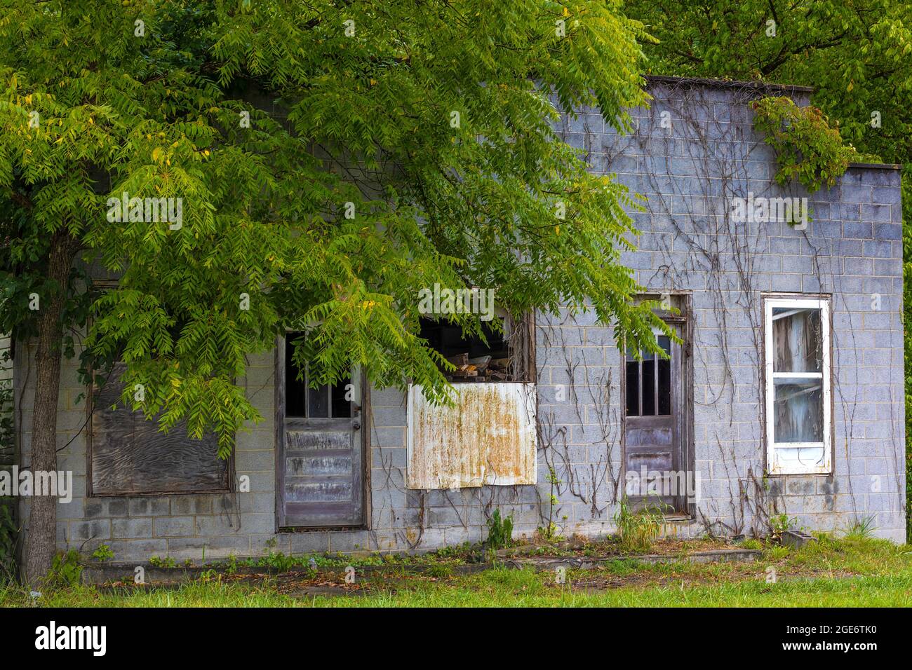 A possible old, abandoned business building along a country highway in rural Virginia. Stock Photo