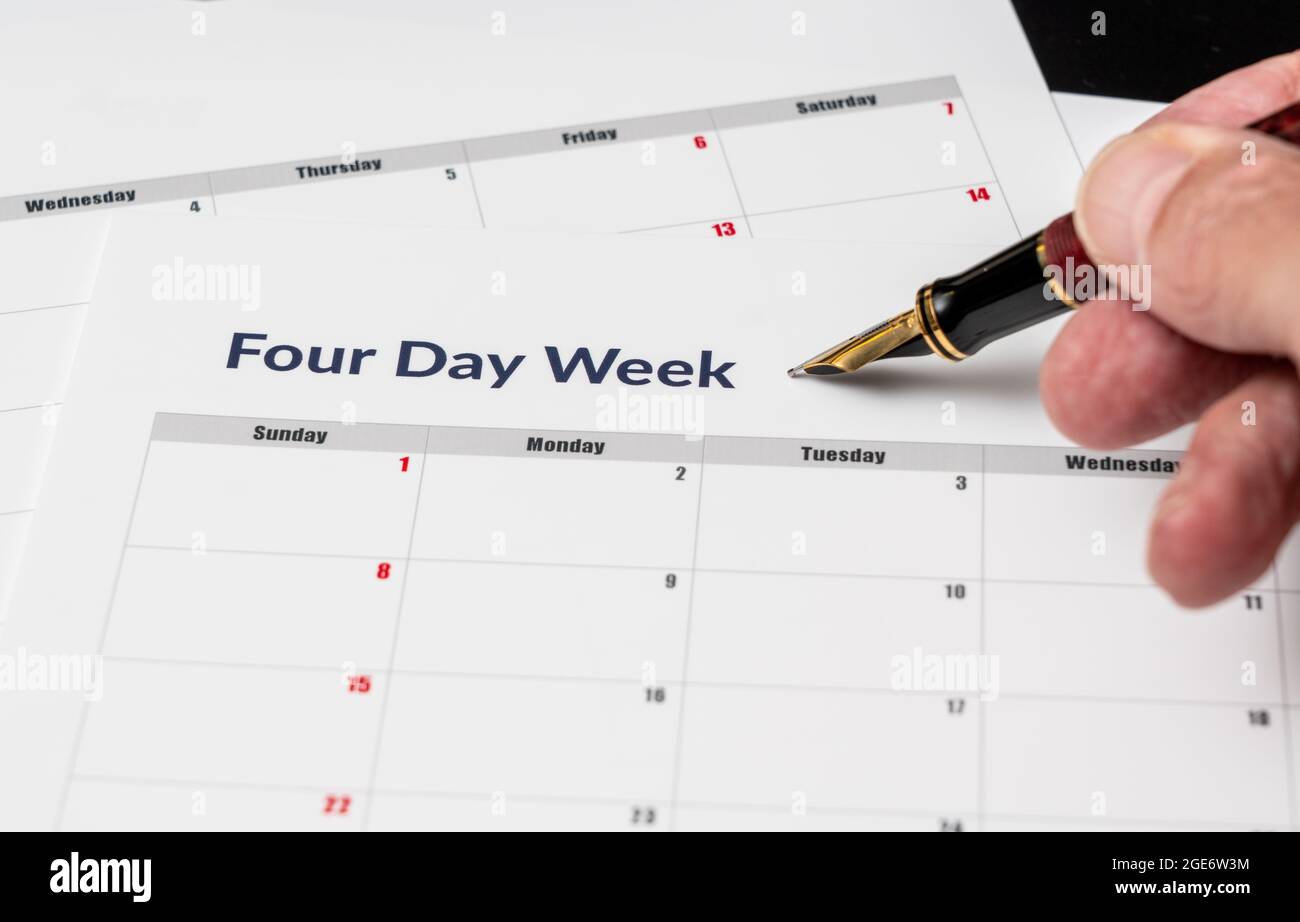Printed calendar for a 4 day working week showing weekend days in red