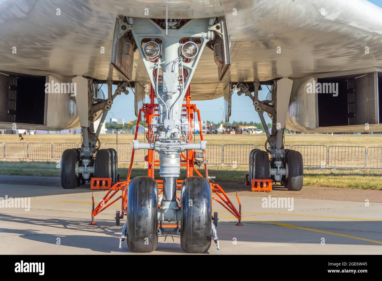 Supersonic huge aircraft landing gear and lights Stock Photo Alamy