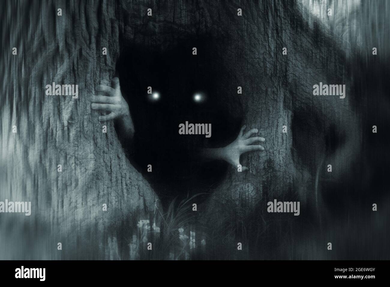 A spooky horror concept of a monster with glowing eyes, hiding in a