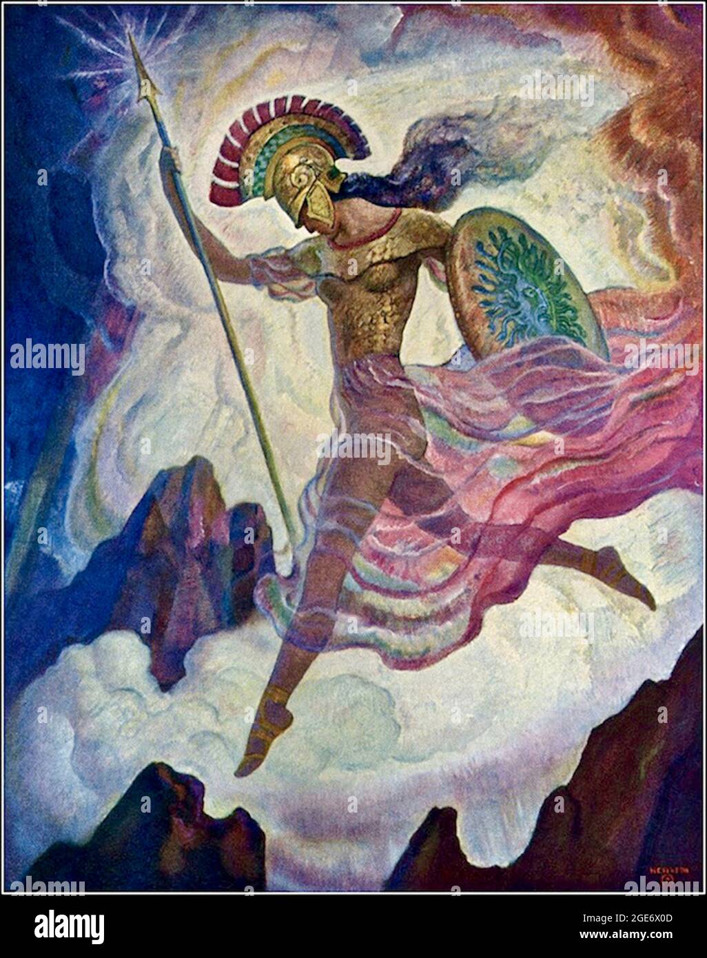 Newell Convers Wyeth ( N C Wyeth) artwork - Goddess of Power - Athena - Spear and shield in hand. Stock Photo