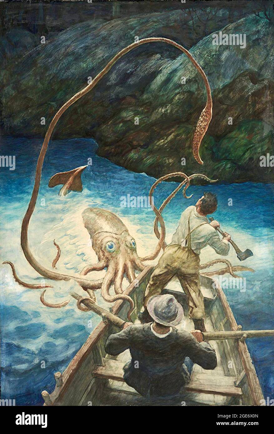 Newell Convers Wyeth ( N C Wyeth) artwork - The Adventures of the Giant Squid - 1939 - Giant octopus attacks men on a rowing boat. Stock Photo