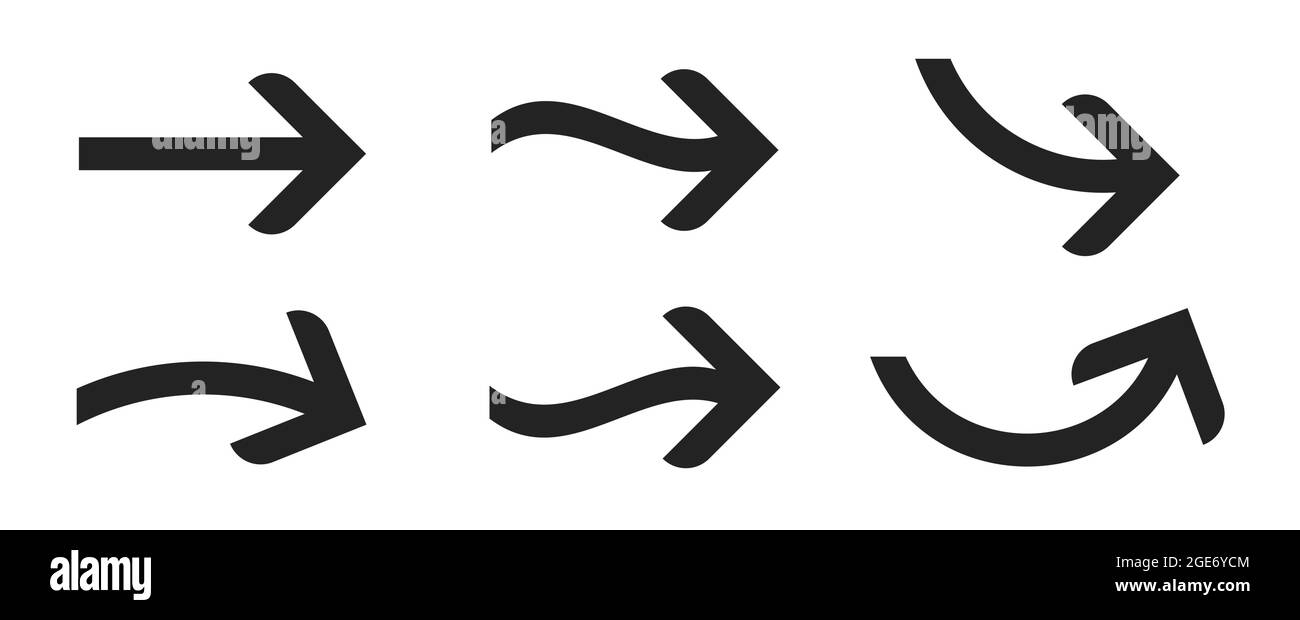 Set of black arrow symbols, curved tail in dofferent ways, isolated