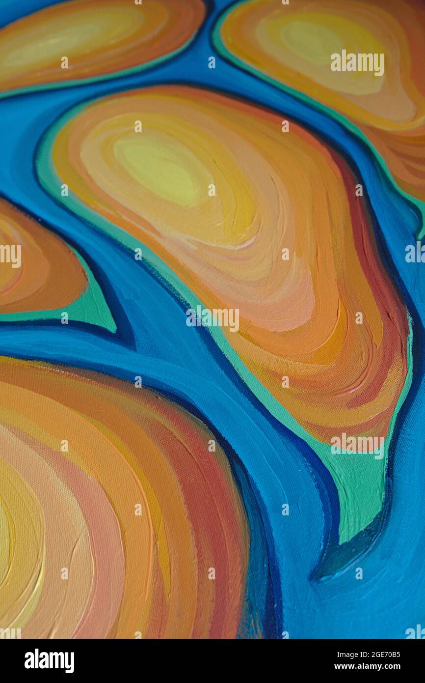 Abstract painting of food shapes in blue teal and orange Stock Photo
