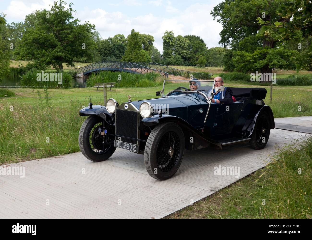 A Blue, 1927, Lancia Lambda being demonstrated at the 2021 London Classic Car Show Stock Photo